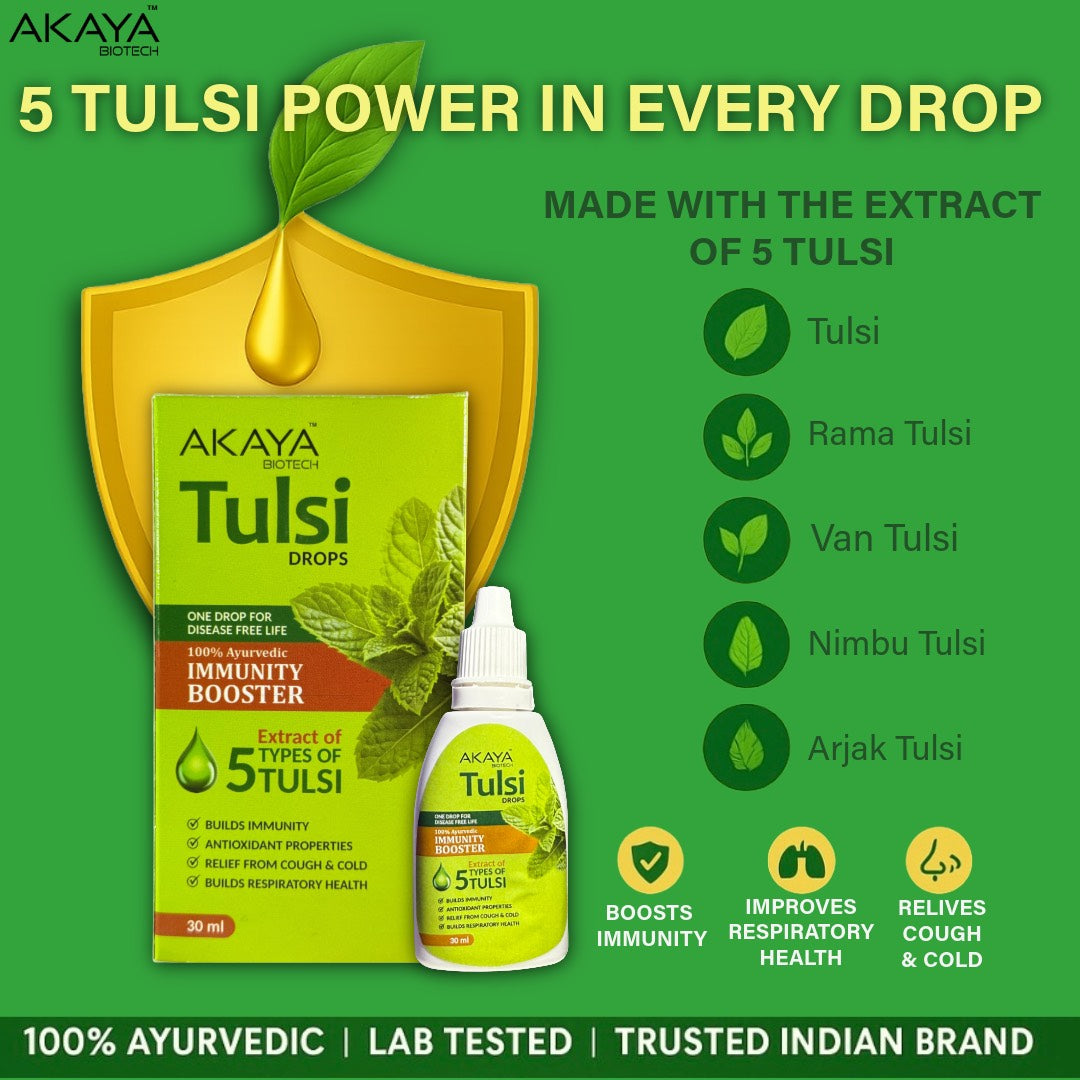 Akaya Biotech Tulsi Drops 30ml | 5 Tulsi Extracts – Tulsi, Rama Tulsi, Van Tulsi, Nimbu Tulsi & Arjak Tulsi | Natural Immunity Booster, Stress Relief & Detox Support | Ayurvedic Herbal Drops