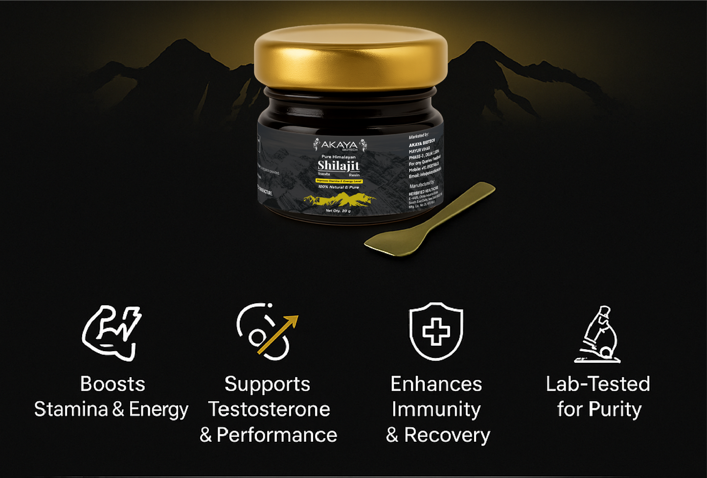 Akaya Biotech Pure Himalayan Shilajit Resin β 20g | 100% Natural & Pure | In-House Lab Tested | Boosts Stamina, Strength & Energy | Sourced from Himalayas