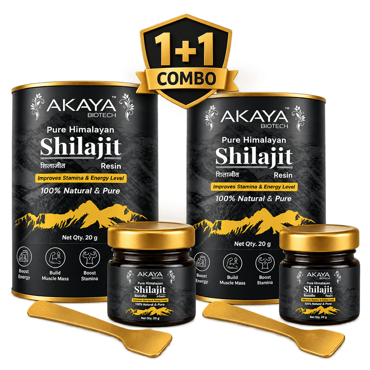 Pure Himalayan Shilajit Resin 1+1 combo — two 20 g jars with gold lids and spatulas